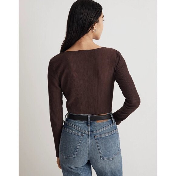 Madewell Semi-Sheer Shirred V-Neck Top in Chocolate Raisin XS mall New Womens - Picture 2 of 9
